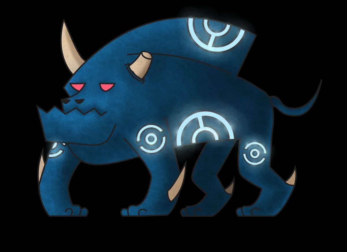 Speed cyborg concept art: dark blue quadruped in profile with a horn, red eyes, tan claws and glowing pale blue circles