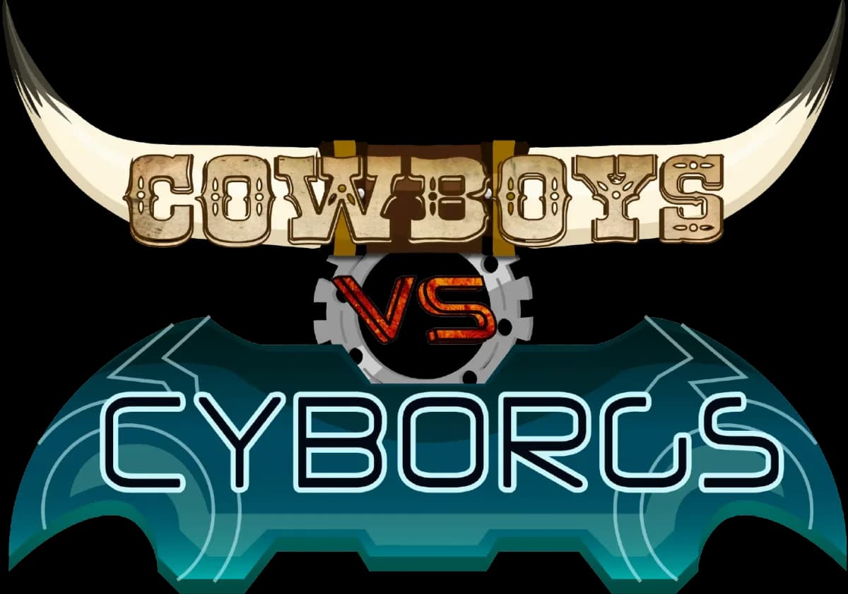 Cowboys vs Cyborgs logo: western lettering on a horn, a gear behind VS and teal metallic lettering on a cyber plate