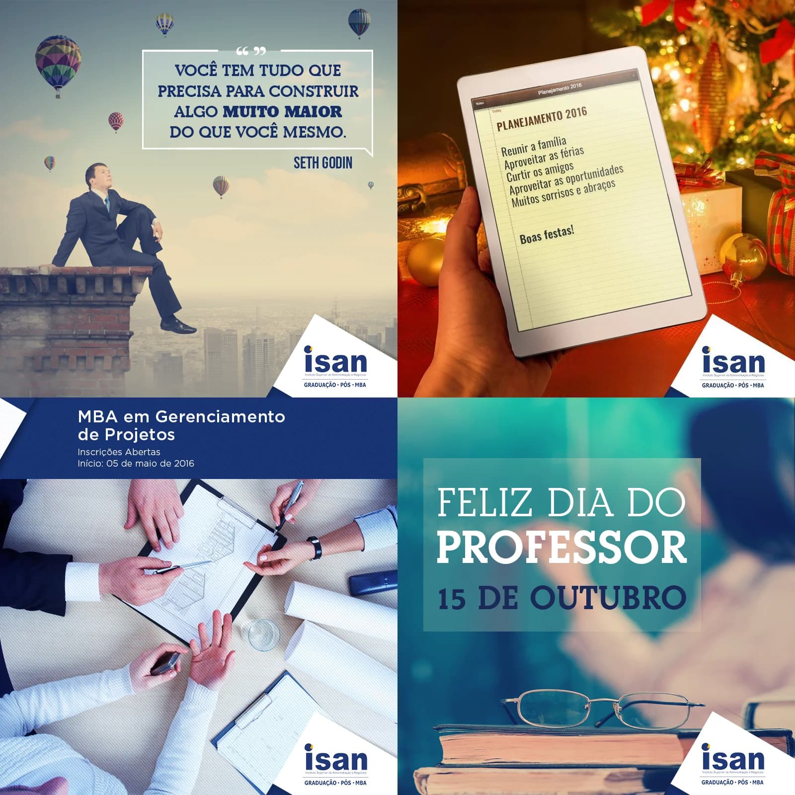 Four Isan social media posts: a man on a ledge with a quote, a holiday list on a tablet, a team with blueprints and a Teacher's Day post