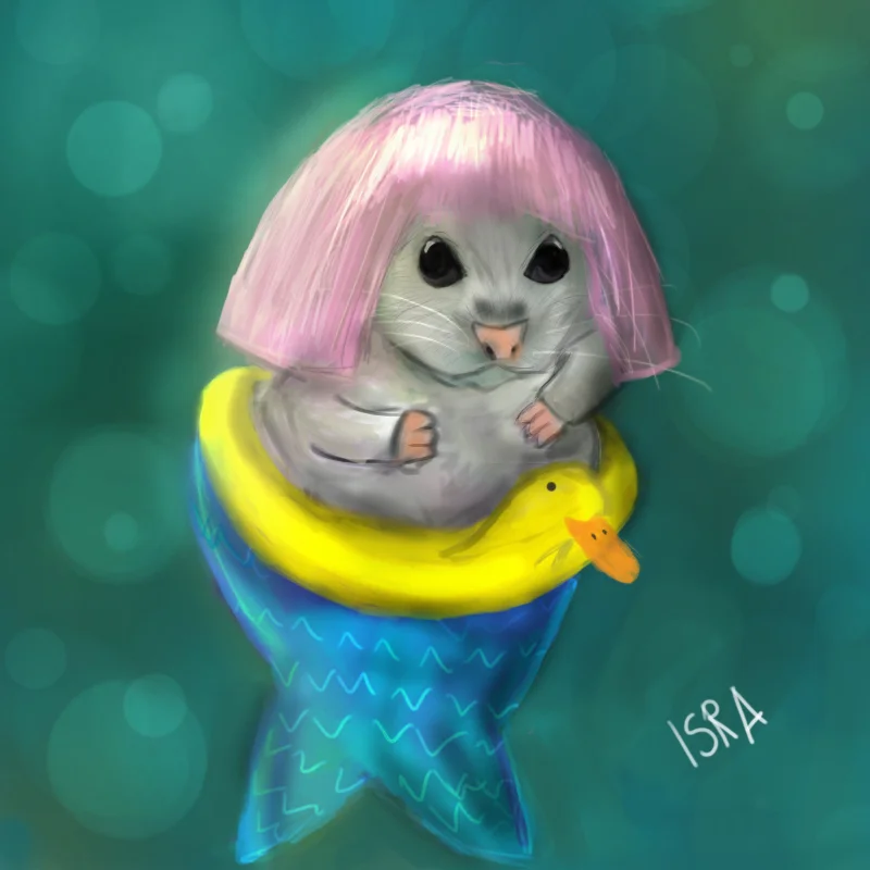 Chibi grey hamster with a pink bob in a yellow duck float and a blue mermaid tail, on a teal bokeh background, signed ISRA
