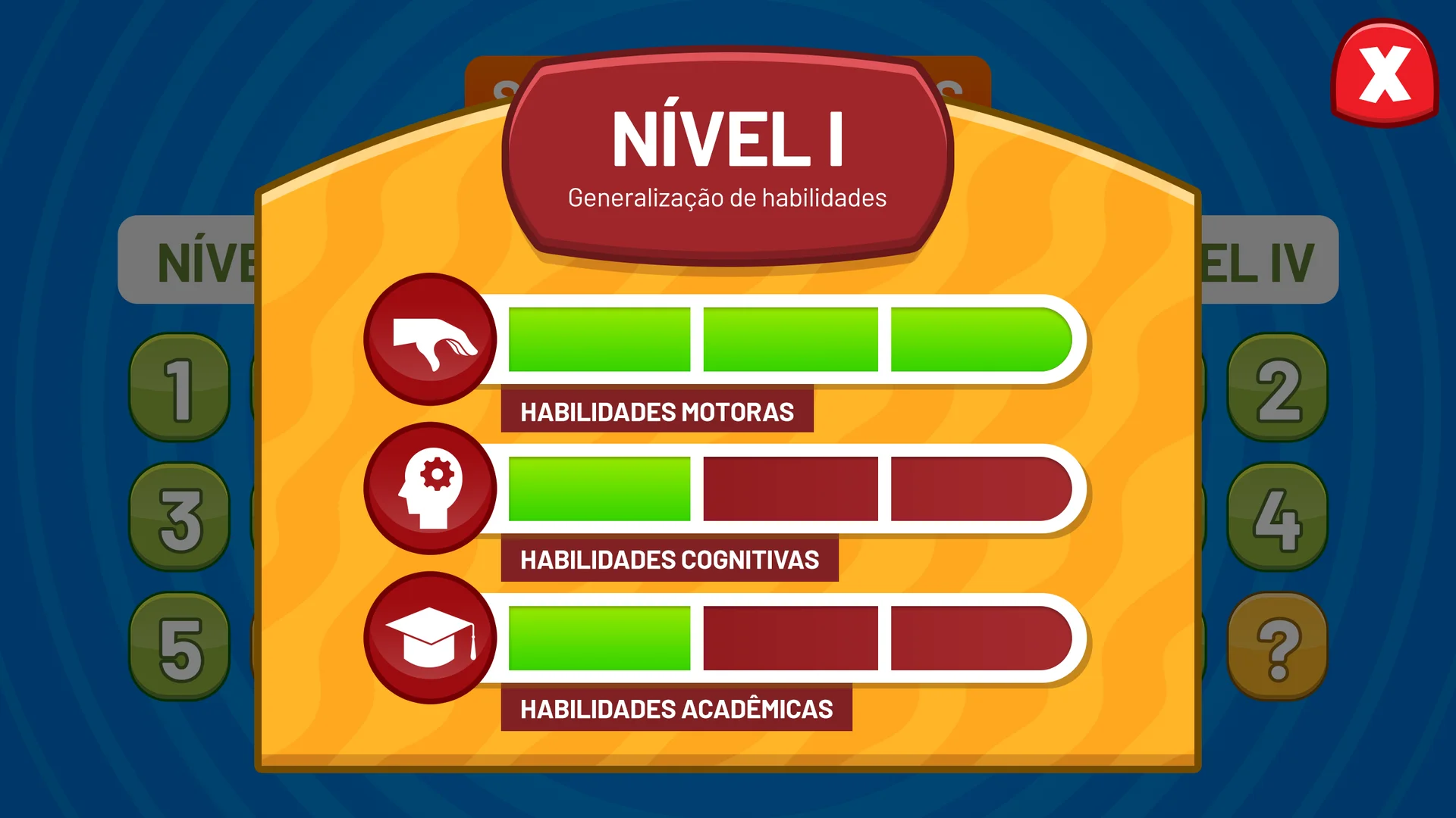 Game screen with Level I progress bars for motor, cognitive and academic skills.