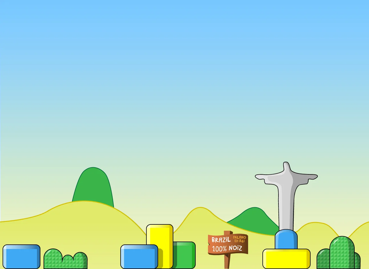 Flat game scene: Christ the Redeemer, blue and yellow blocks, green hills and a wooden sign reading Brazil 100% Noiz