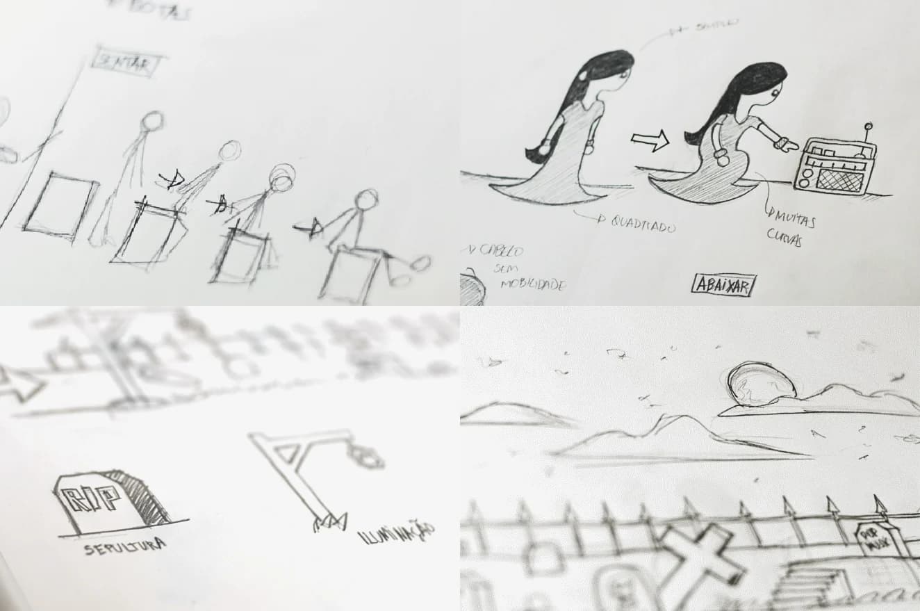Pencil sketches: stick figures, the girl with the radio and a graveyard with a RIP tombstone, with Portuguese labels