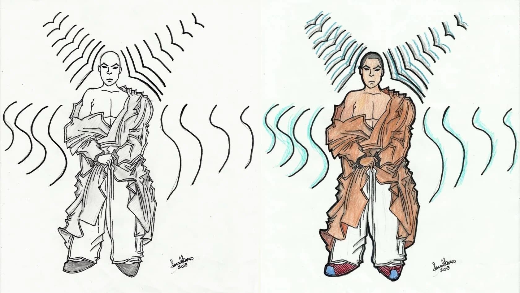 Bald man in a draped robe, shown as black line art and coloured with a brown robe and teal radiating lines