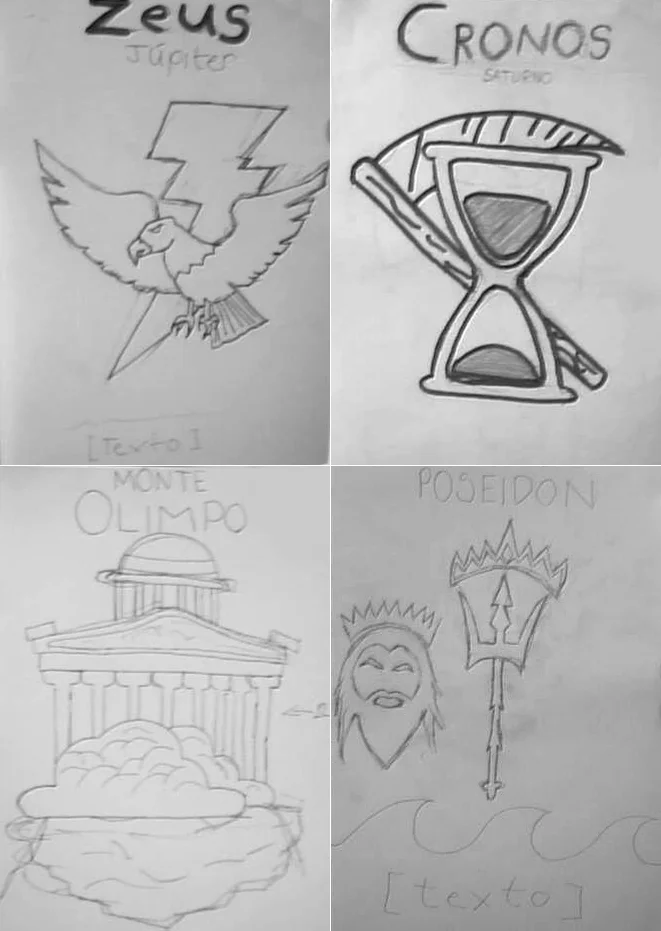 Pencil sketches for four myth posters: Zeus eagle, Cronos hourglass, Monte Olimpo temple and Poseidon trident, with handwritten labels