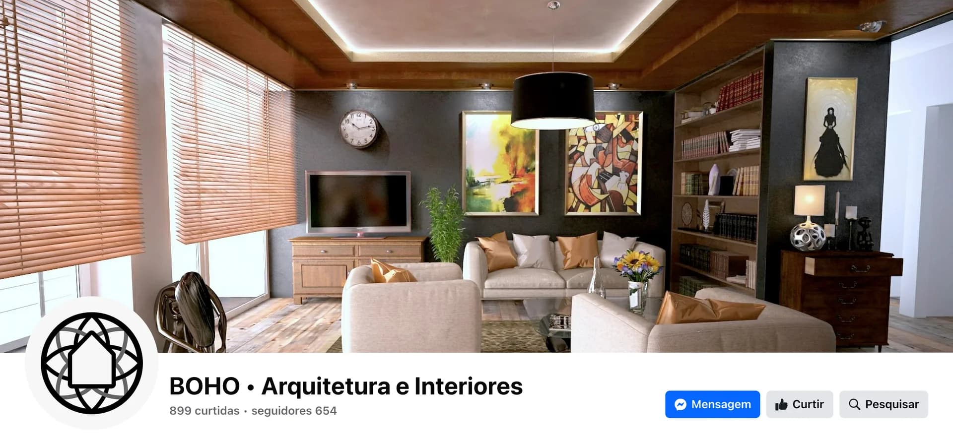 Facebook page mockup for BOHO Arquitetura e Interiores with a living room cover photo and the geometric logo as profile picture