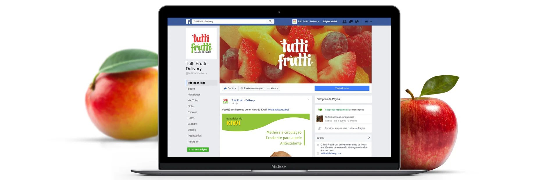 Tutti Frutti Facebook page shown on a laptop.