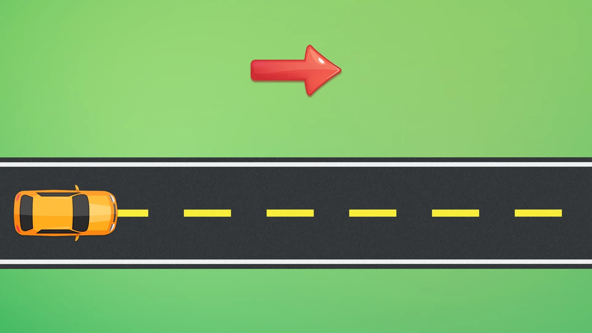 Illustration of an orange car on a black road with a red arrow pointing right.