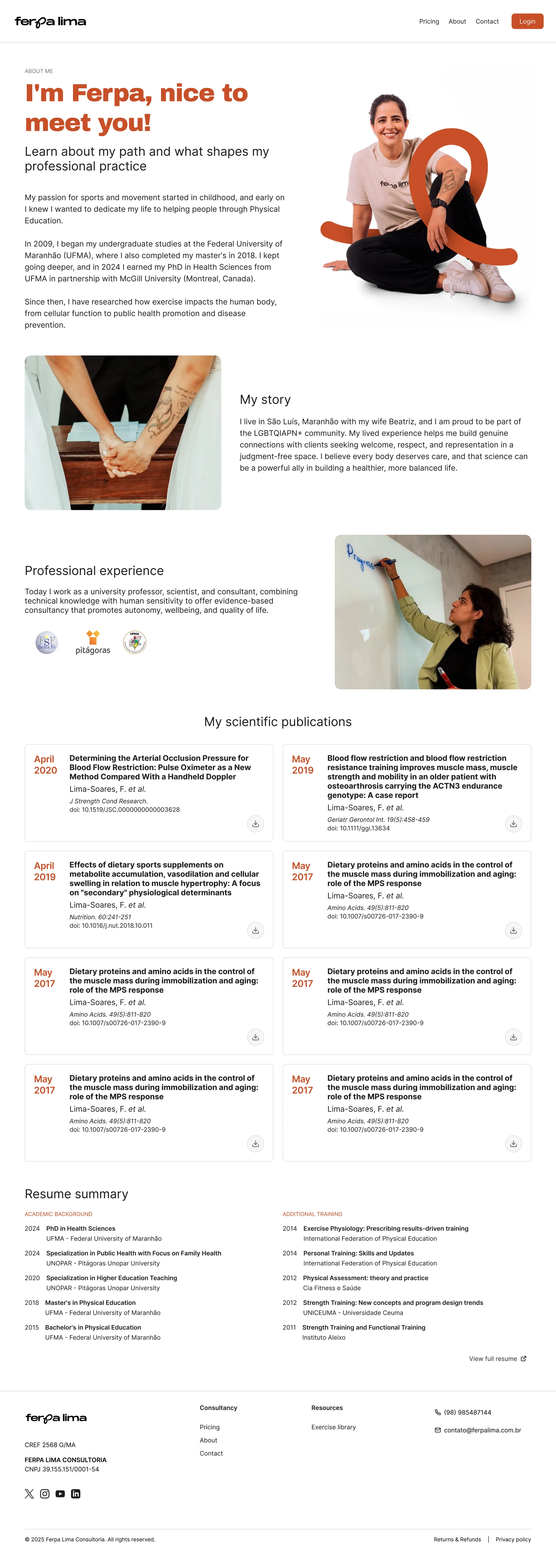 About page with a portrait, biography and professional experience.