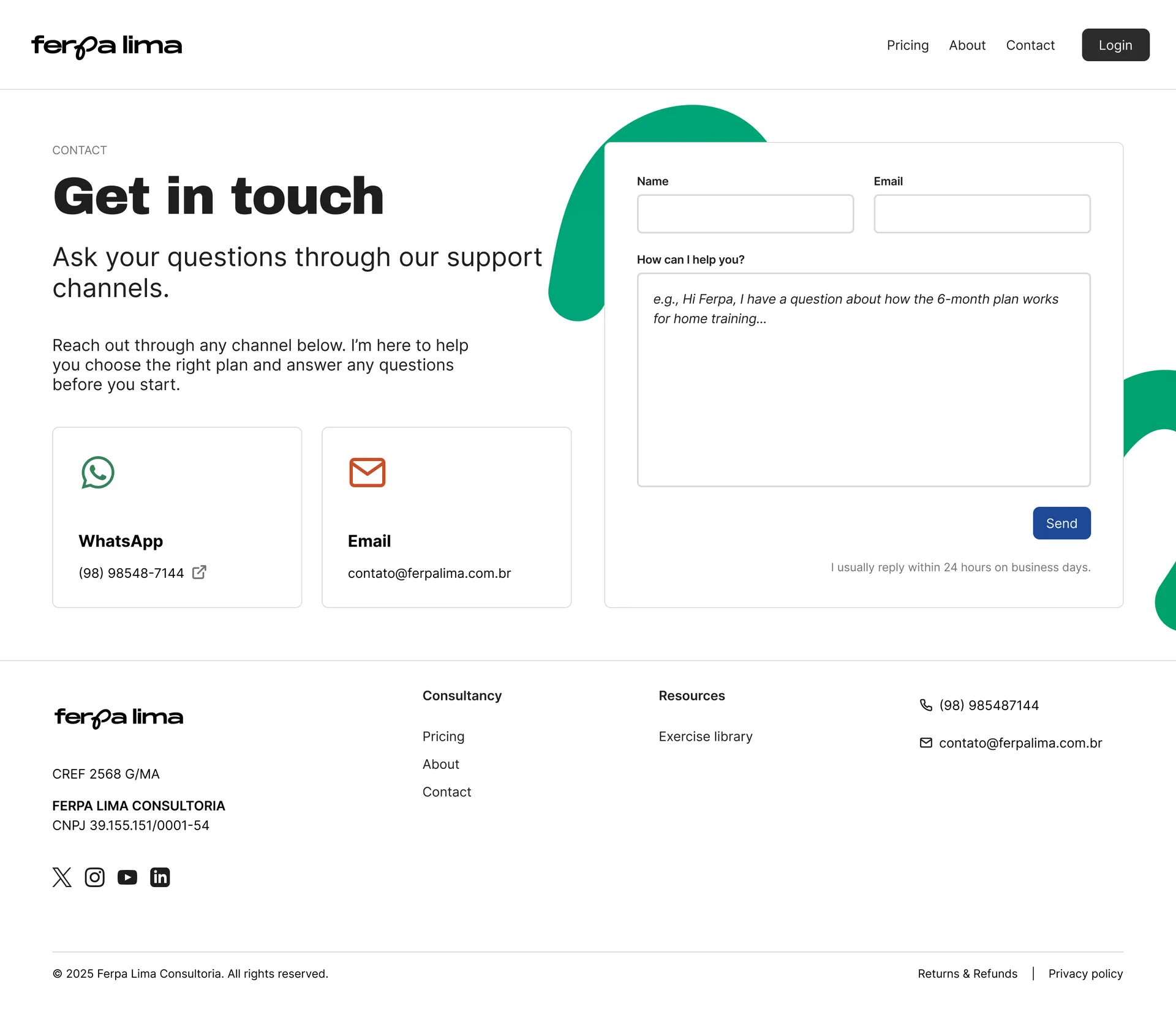 Contact page with a form, WhatsApp link, email address and site navigation.