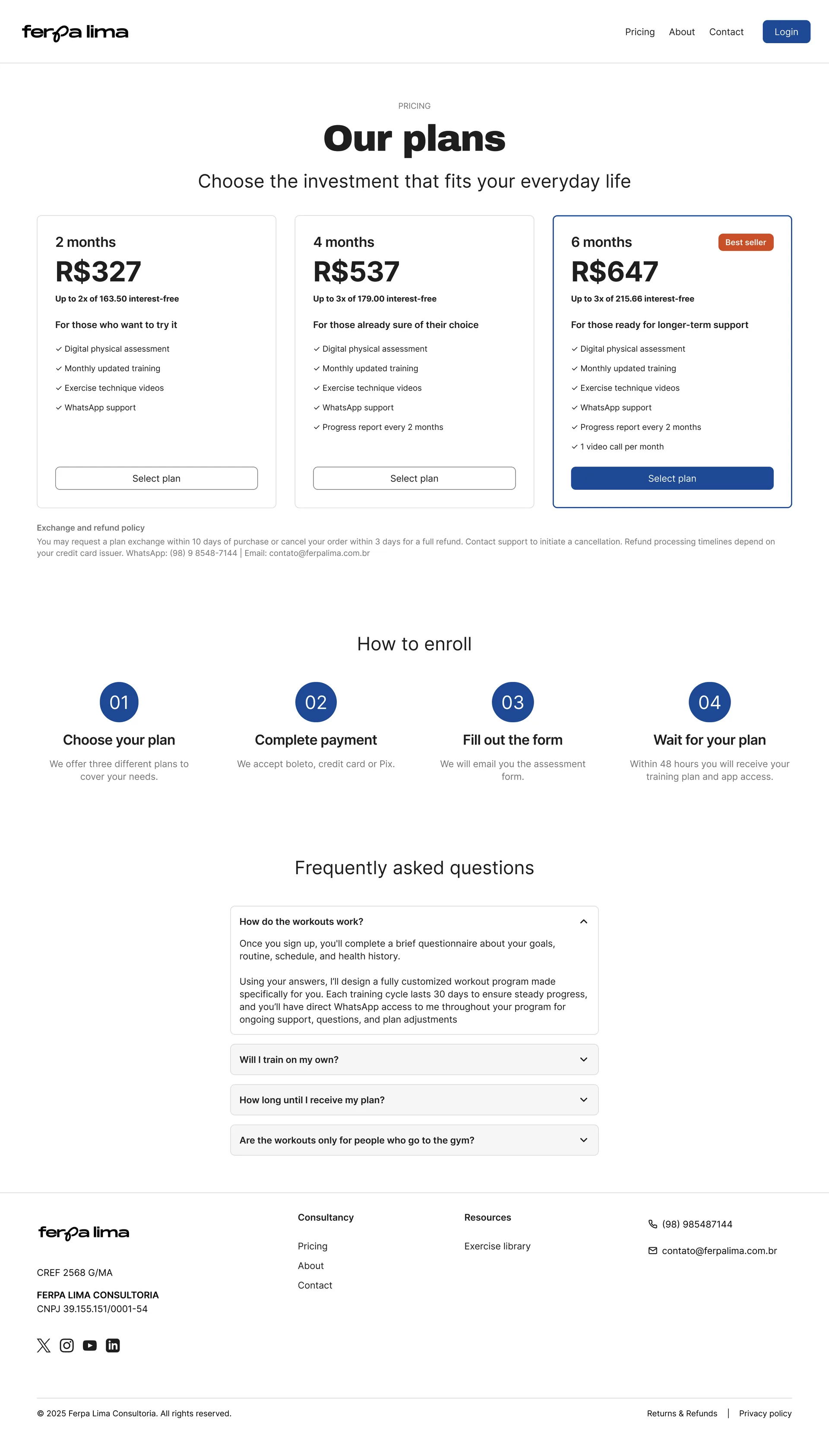 Pricing page showing three subscription plans, an enrollment process and a FAQ section.