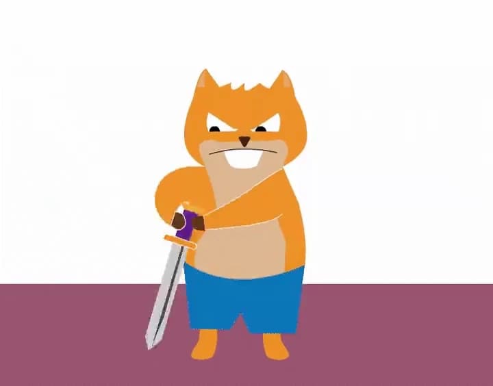 Ratildo, an orange cartoon hamster in blue shorts, gritting his teeth and gripping a purple-hilted sword pointed down